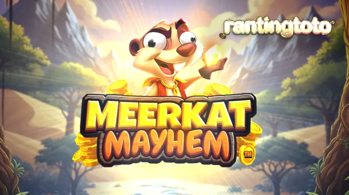 Meerkat Mayhem slot game interface dengan latar belakang gurun dan karakter meerkat yang lucu.