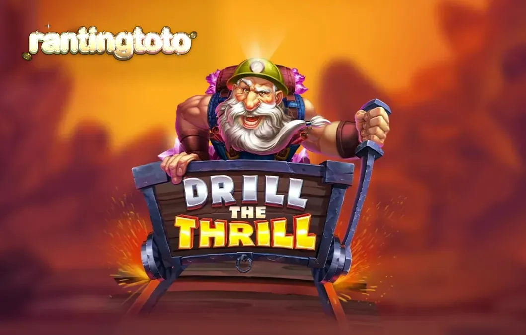 Tampilan visual mesin slot Drill The Thrill dengan tema pertambangan dan peralatan tambang.